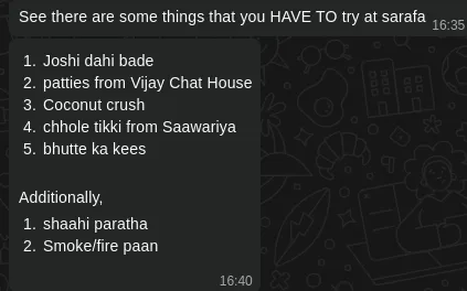 A list of things to try at Sarafa: Joshi dahi bade, Vijay Chat House patties, coconut crush, chhole tikki, bhutte ka kees